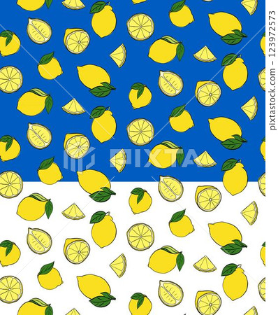 Lemons whole and cut seamless pattern. green leaves. Vector graphic line ink yellow illustration on transparent background. fruit background for banners, print for fabric, labels, t-shirt Lemons whole and cut seamless pattern. green leaves. Vector graphic line ink yellow illustration on transparent background. fruit background for banners, print for fabric, labels, t-shirt 123972573