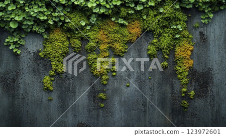 Green moss growing in world map shape over concrete wall 123972601
