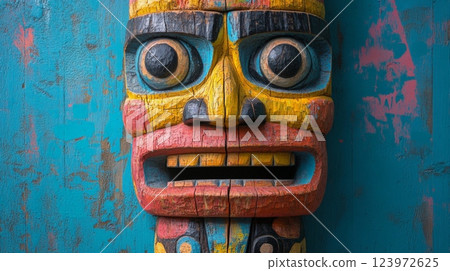 Colorful totem pole face showing traditional native art on rustic blue background Colorful totem pole face showing traditional native art on rustic blue background 123972625