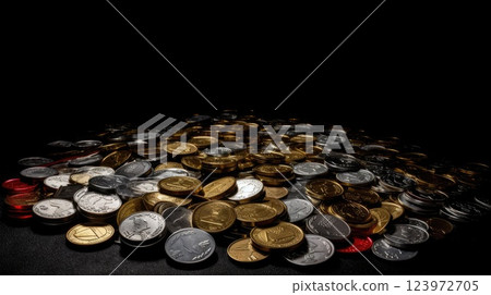 Pile of Various International Coins on a Dark Background, Highlighting Global Currency and Financial Wealth Concepts, saving concept, and coin collector. 123972705
