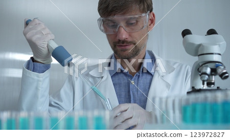 Scientist man wearing a lab coat and safety glasses is using a micropipette to drop a liquid into a test tube, portrait view. Medicine and science 123972827