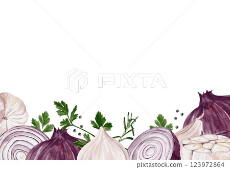 Vegetable frame. Red onion and garlic with herbs and pepper. Watercolor illustration isolated from background. Ingredients for cooking. Template for menu or brochure. High quality illustration 123972864