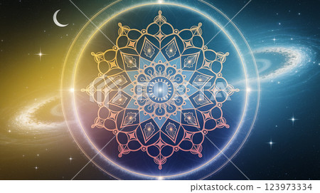 漸變背景上的圓形曼陀羅。溫和的瑜珈圖案板。圓形曼荼羅的漸變背景。 漸變背景上的圓形曼陀羅。溫和的瑜珈圖案板。圓形曼荼羅的漸變背景。 123973334