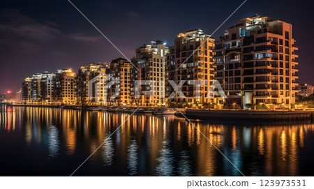 An apartment complex near the bay at night full of light and reflection on the water. 123973531