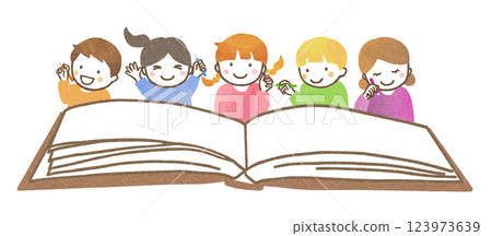 Children with open books and pencils 123973639