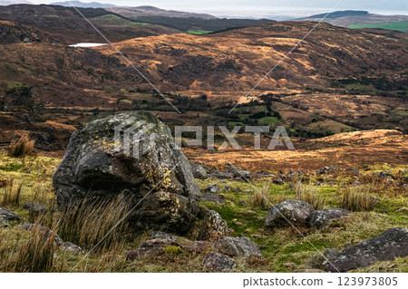A large rock sits in the foreground, surrounded by grass and scattered stones, while rolling hills extend into the distance under a clear sky, showcasing the beauty of nature. 123973805