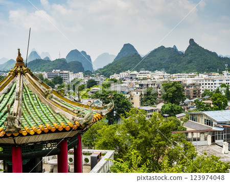 Panoramic view of Guilin and its karst mountains from Fubo Hill, Guangxi, China 123974048