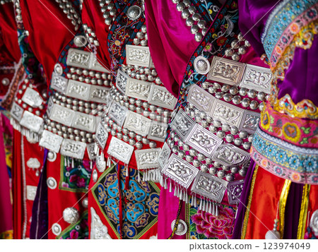Traditional clothes of Miao ethnic minority with silver accessories, Longsheng, China 123974049