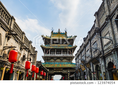 Market tower with the traditional red lanterns, old town of Pingyao, Shanxi province, China Market tower with the traditional red lanterns, old town of Pingyao, Shanxi province, China 123974054