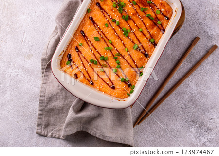 Baked sushi roll cake with crab surimi sticks 123974467