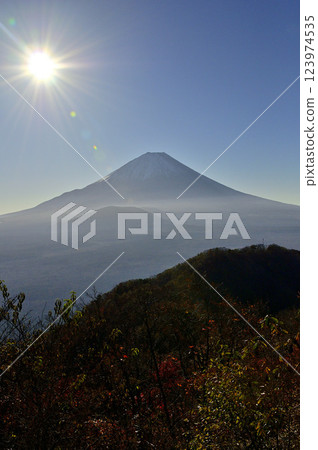 Mount Fuji shining in the morning sun from the panoramic view point in the Misaka Mountains 123974535