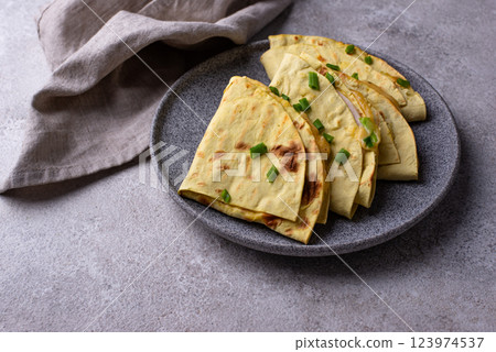 Quesadilla with chicken, tortilla wrap 123974537