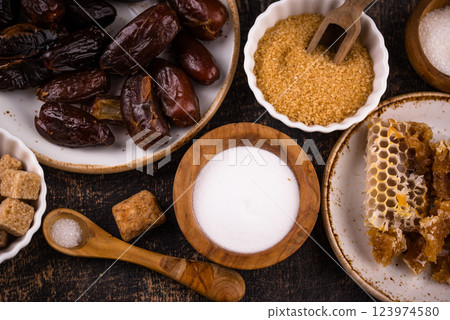 Various sugar replacement, healthy sweetener concept Various sugar replacement, healthy sweetener concept 123974580