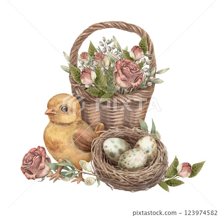 Cute yellow chick with rose flower basket and nest with Easter egg. Hand drawn watercolor illustration in vintage tones. Festive spring art ideal for happy holiday design. Greeting card template. 123974582