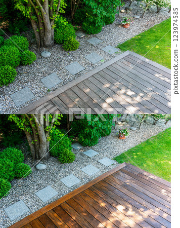 cleaning a wooden terrace with a high-pressure washer - BEFORE and AFTER cleaning and oiling wooden surfaces 123974585