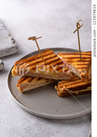 Grilled sandwich with ham and melted cheese Grilled sandwich with ham and melted cheese 123974614