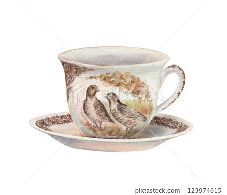 Porcelain cup with plate tableware in watercolor vintage style. Festive dishware with pheasant bird print. Hand drawn serving illustration. Ideal for template design. Ceramic art for greeting card. Porcelain cup with plate tableware in watercolor vintage style. Festive dishware with pheasant bird print. Hand drawn serving illustration. Ideal for template design. Ceramic art for greeting card. 123974615