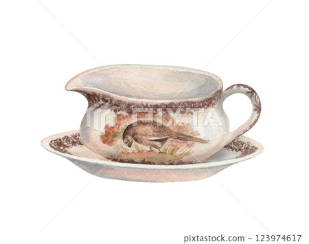 Sauce boat with plate tableware in watercolor vintage style. Porcelain dishware with pheasant bird print. Hand drawn serving illustration. Ideal for template design. Ceramic art for greeting card. 123974617