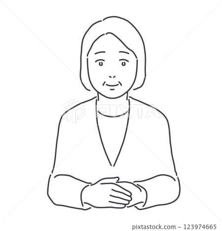 Middle-aged woman in a suit clasping her hands, lines only Middle-aged woman in a suit clasping her hands, lines only 123974665
