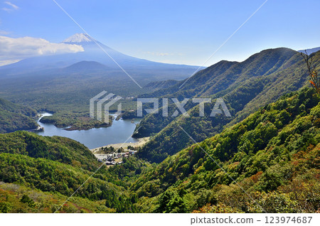 View of Mt. Fuji and Lake Shoji from Mt. Shoji with autumn leaves in the Misaka Mountains 123974687
