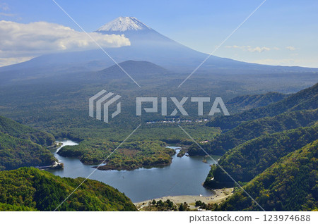 View of Mt. Fuji and Lake Shoji from Mt. Shoji with autumn leaves in the Misaka Mountains View of Mt. Fuji and Lake Shoji from Mt. Shoji with autumn leaves in the Misaka Mountains 123974688