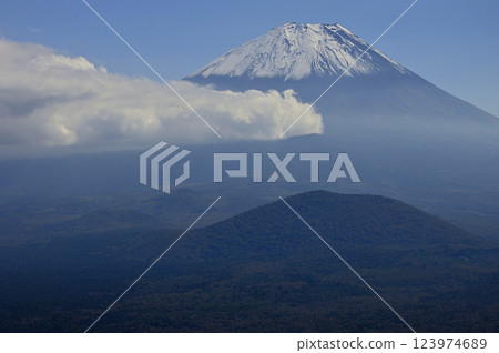 View of Mount Fuji with its first snowfall from Mount Shojiyama in the Misaka Mountains View of Mount Fuji with its first snowfall from Mount Shojiyama in the Misaka Mountains 123974689