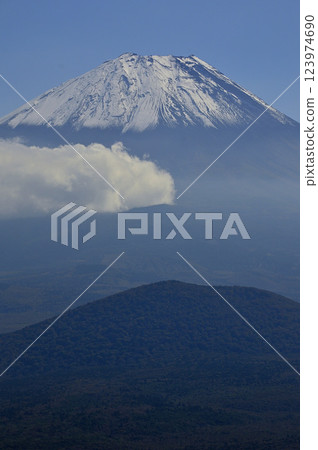 View of Mount Fuji with its first snowfall from Mount Shojiyama in the Misaka Mountains View of Mount Fuji with its first snowfall from Mount Shojiyama in the Misaka Mountains 123974690