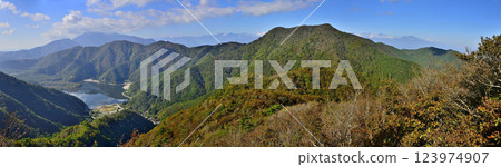 Panoramic view of autumn foliage of Mt. Mippobun and Lake Shojiko from Mt. Goko in the Misaka Mountains Panoramic view of autumn foliage of Mt. Mippobun and Lake Shojiko from Mt. Goko in the Misaka Mountains 123974907
