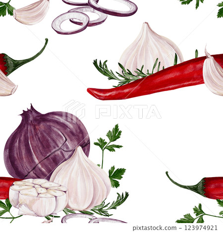 Seamless pattern with onion, pepper, garlic and herbs. Vegetables and spices. Watercolor illustration isolated from the background. Vegetable pattern. High quality illustration Seamless pattern with onion, pepper, garlic and herbs. Vegetables and spices. Watercolor illustration isolated from the background. Vegetable pattern. High quality illustration 123974921