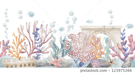 Watercolor underwater scene featuring coral reefs, fish, bubbles, and undersea kingdom. Illustration of the ocean floor with water plants for kids room wall art or borders in pastel colors. Watercolor underwater scene featuring coral reefs, fish, bubbles, and undersea kingdom. Illustration of the ocean floor with water plants for kids room wall art or borders in pastel colors. 123975266