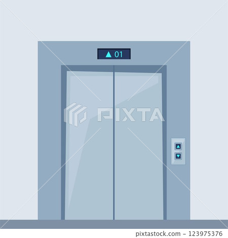 Elevator doors, close lift cabin entrance with chrome metal buttons panel, empty building white hallway interior, office vestibule, hotel or dwelling lobby. Vector Illustration 123975376