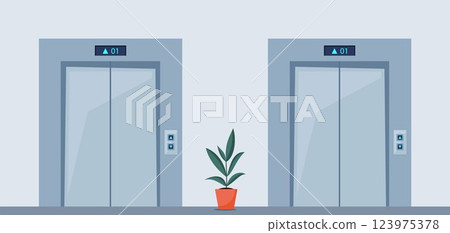 Elevator doors, close lift cabin entrance with chrome metal buttons panel, empty building white hallway interior, office vestibule, hotel or dwelling lobby. Vector Illustration 123975378