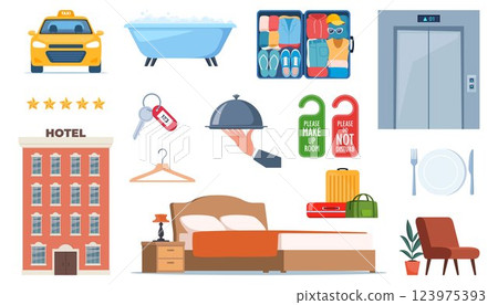 Hotel and Hospitality icon set. Lodging industry. Restaurant and hotel service. Vector illustration. Hotel and Hospitality icon set. Lodging industry. Restaurant and hotel service. Vector illustration. 123975393