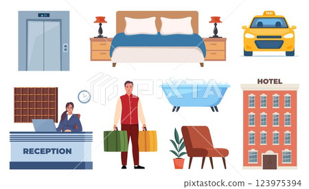 Hotel and Hospitality icon set. Lodging industry. Restaurant and hotel service. Vector illustration. 123975394