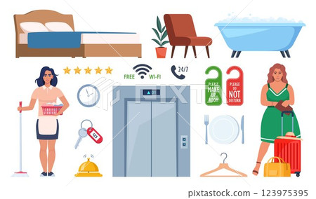Hotel and Hospitality icon set. Lodging industry. Restaurant and hotel service. Vector illustration. Hotel and Hospitality icon set. Lodging industry. Restaurant and hotel service. Vector illustration. 123975395