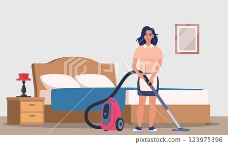Professional chambermaid cleaning floor in hotel room. Chambermaid in uniform using vacuum cleaner while cleaning floor. Vector illustration. Professional chambermaid cleaning floor in hotel room. Chambermaid in uniform using vacuum cleaner while cleaning floor. Vector illustration. 123975396