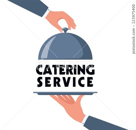 Waiter hands opening cloche lid cover revealing Catering service text on a tray. Vector illustration 123975400