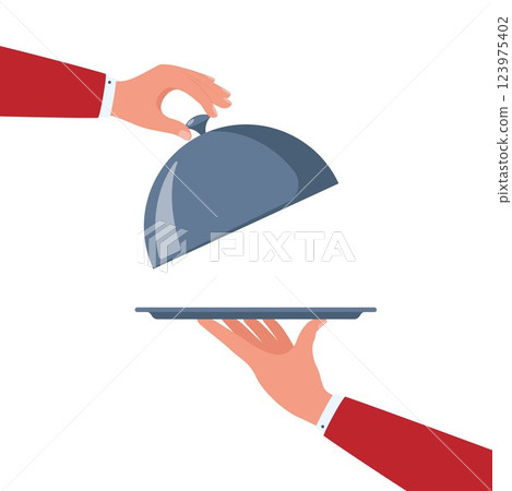 Open tray cloche in hand. Restaurant plate in waiter hand. Food serving tray for cafe. Vector illustration. 123975402