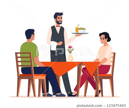Young couple having dinner in a restaurant. Man and woman sitting at the table, the waiter carrying tray with food. Vector illustration. 123975403