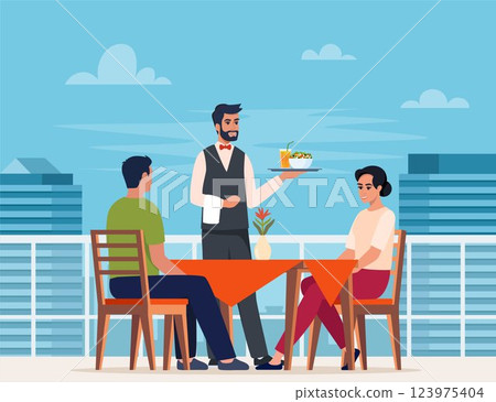 Young couple having dinner in a restaurant. Man and woman sitting at the table, the waiter carrying tray with food. Vector illustration. Young couple having dinner in a restaurant. Man and woman sitting at the table, the waiter carrying tray with food. Vector illustration. 123975404