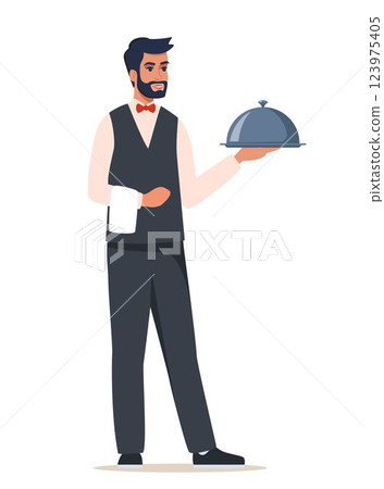 Waiter carrying tray. Man character. Restaurant staff, service, professional kitchen, cooking, food concept. Vector illustration. Waiter carrying tray. Man character. Restaurant staff, service, professional kitchen, cooking, food concept. Vector illustration. 123975405