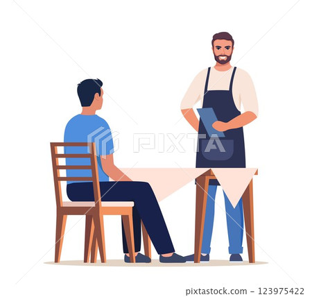 Waiter with menu taking order. Restaurant staff. Man sitting at the table in a restaurant, wants to have a dinner. Vector illustration. 123975422