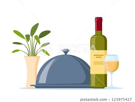 Bottle, wine glass and food on tray. Romantic dinner concept, restaurant dinner service. Bottle of wine and tray with lid. Vector illustration. Bottle, wine glass and food on tray. Romantic dinner concept, restaurant dinner service. Bottle of wine and tray with lid. Vector illustration. 123975427