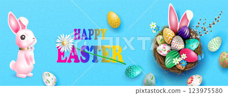 Blue card with Easter eggs in a straw nest and a wonderful pink bunny Blue card with Easter eggs in a straw nest and a wonderful pink bunny 123975580