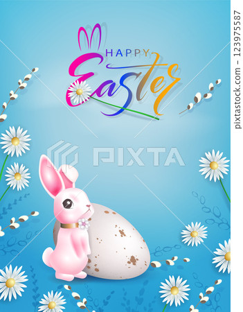Easter design in blue with egg, cute pink bunny and flowers 123975587