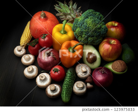 Fresh vegetables, fruits and mushrooms 123975833