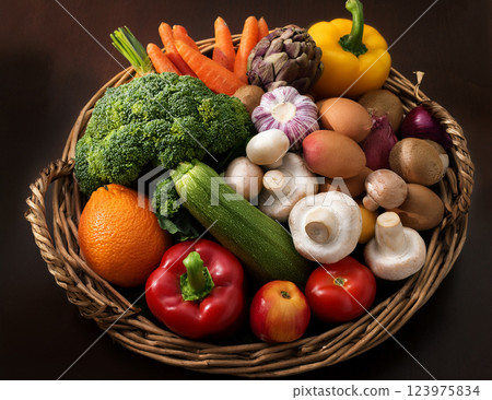 Fresh vegetables, fruits and mushrooms 123975834