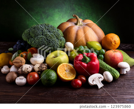 Fresh vegetables, fruits and mushrooms 123975860