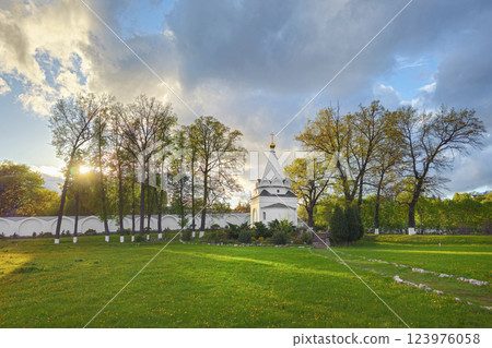 Chapel church. Blue sky and sunny spring weather. 123976058