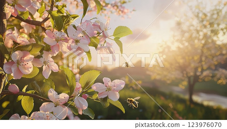 Gorgeous, Beautiful Blossoming Pink Flowers Bathed in the Soft Light of Early Sunrise Gorgeous, Beautiful Blossoming Pink Flowers Bathed in the Soft Light of Early Sunrise 123976070